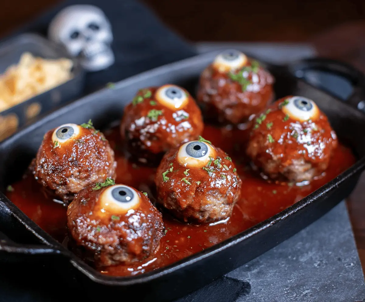 Spooky Eyeball Meatballs served on a platter with creepy garnishes for a Halloween-themed appetizer