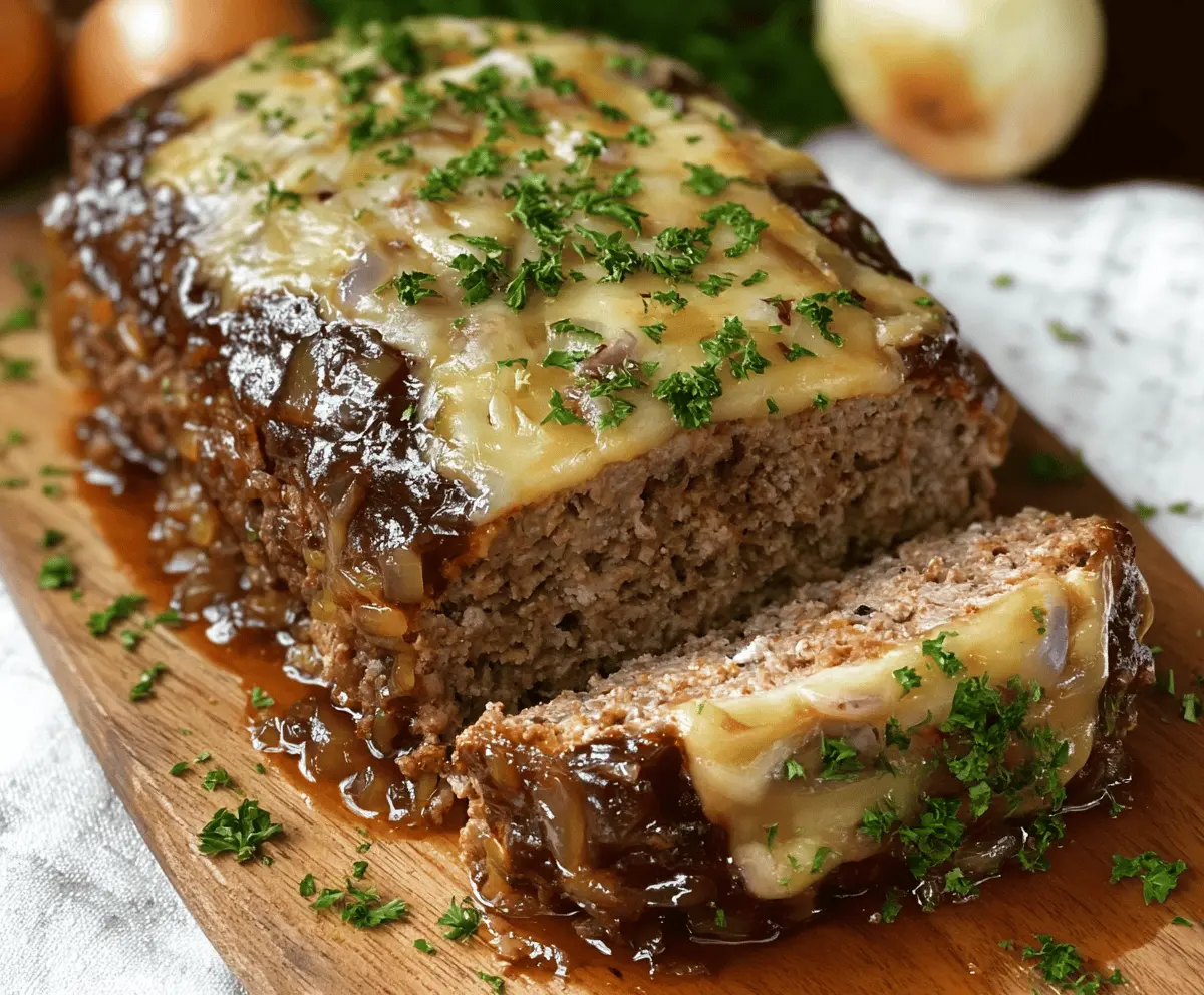 Delicious French Onion Meatloaf topped with caramelized onions and melted cheese.
