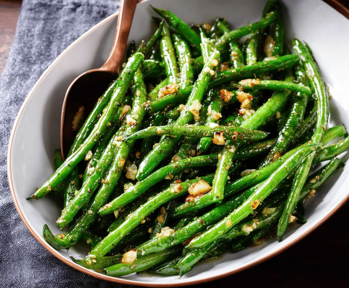 Fresh garlic butter green beans served on a white plate, garnished with chopped herbs for a flavorful side dish