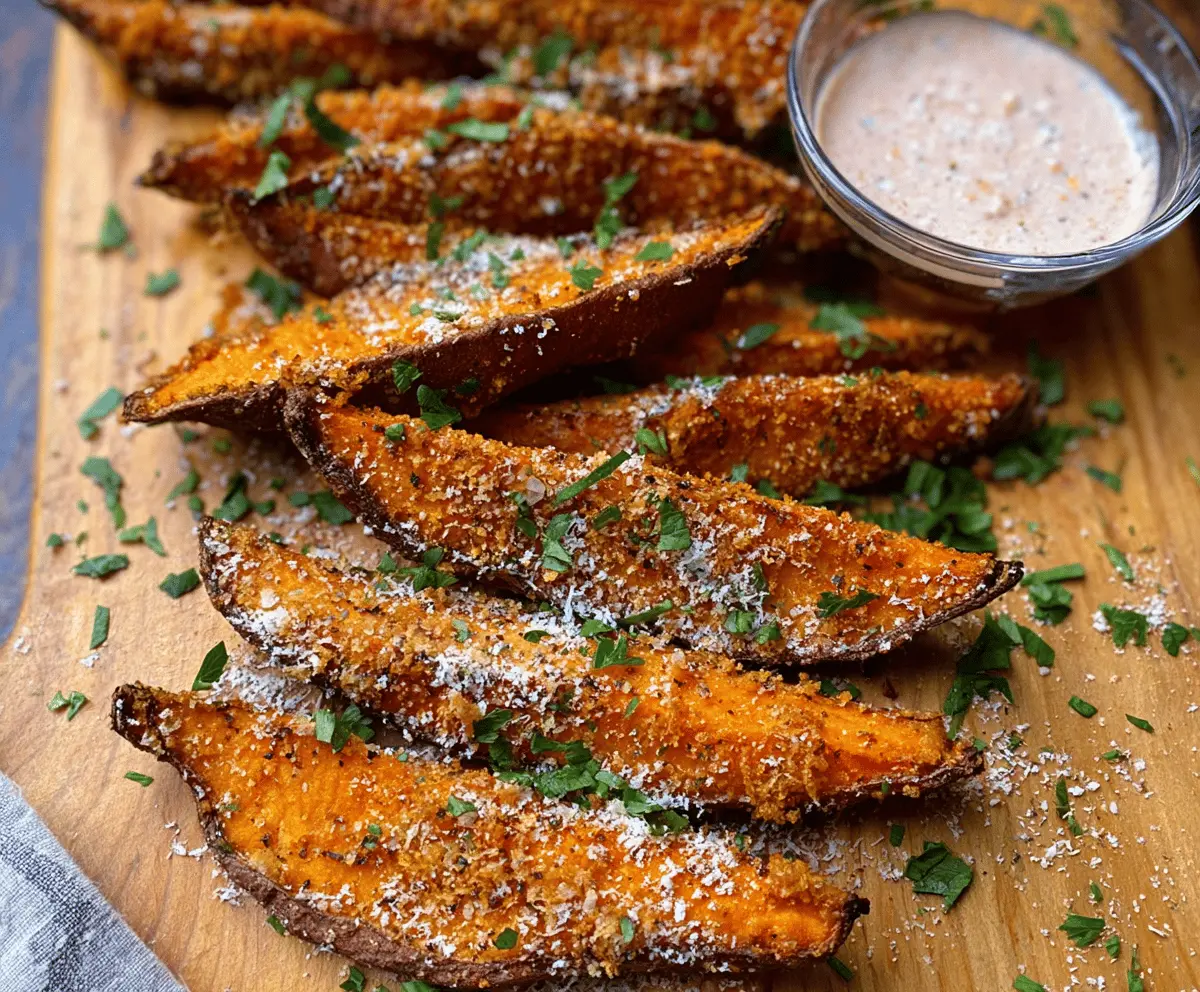 Baked garlic Parmesan sweet potato wedges served with herbs on a white plate.
