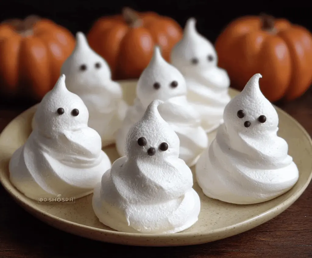 Ghost Meringues dessert with spooky white ghost-shaped cookies topped with chocolate eyes on a white plate