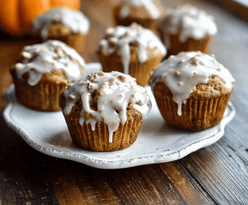 Golden glazed pumpkin muffins topped with cinnamon and powdered sugar on a baking tray, perfect for fall breakfast or snacks.