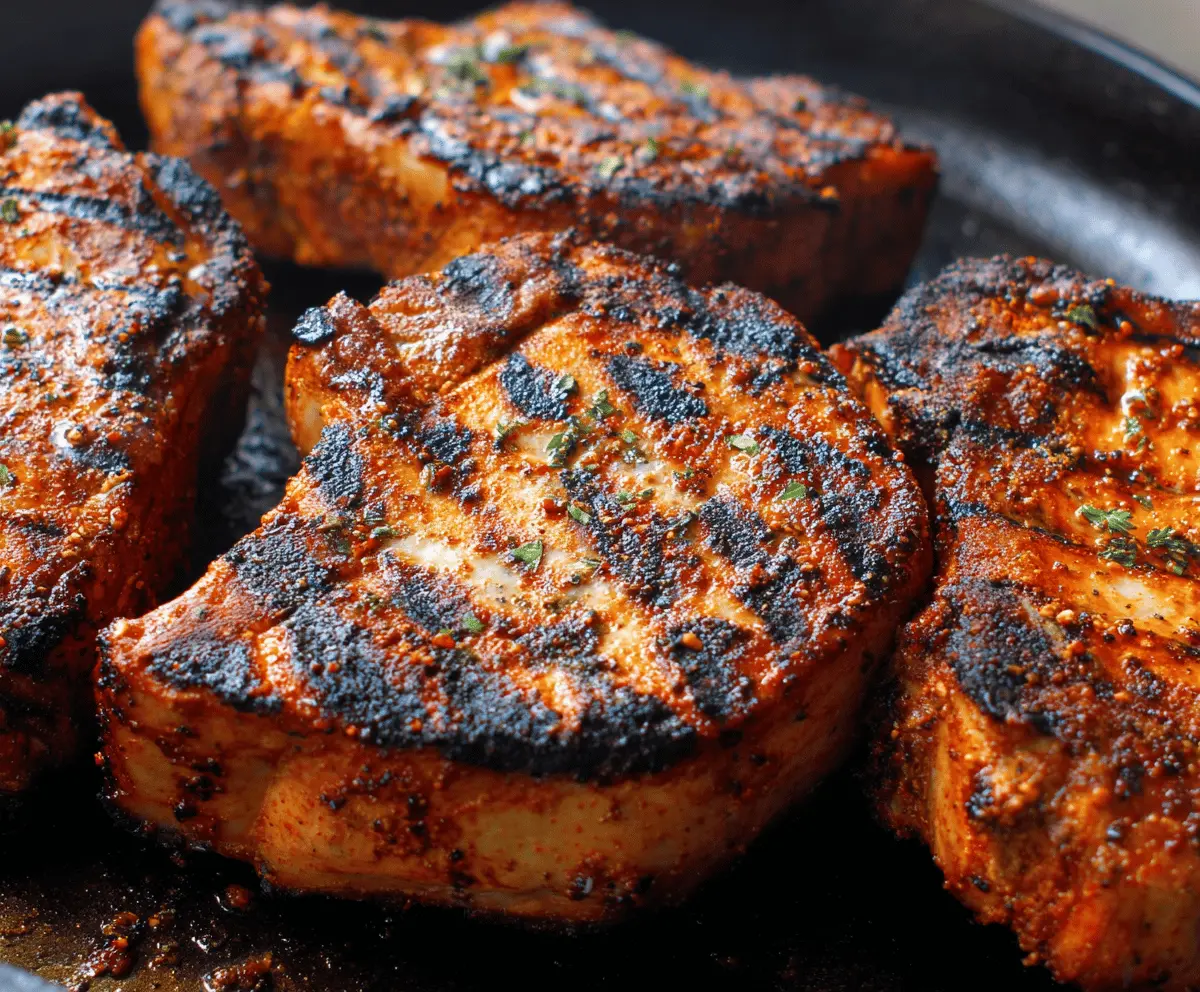 Juicy grilled pork chops with grill marks served on a plate, perfect for a delicious outdoor dinner.