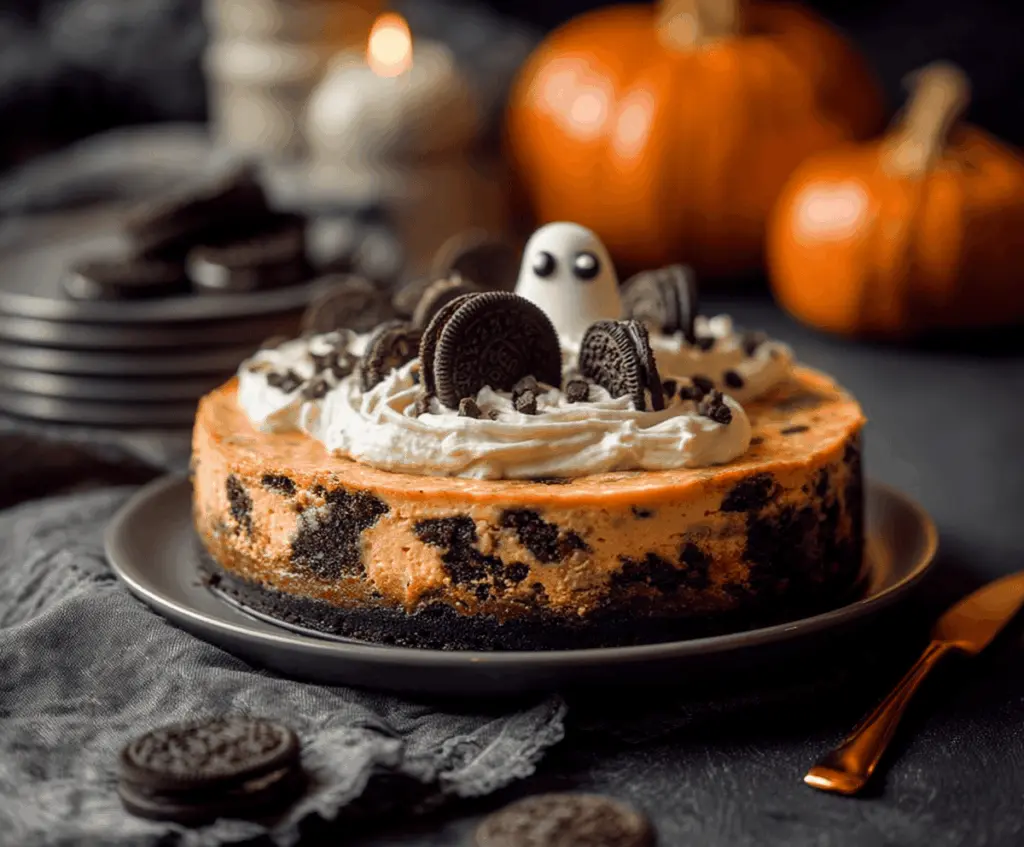 Delicious Halloween Cookies and Cream Cheesecake topped with spooky decorations and cookie crumbs on a festive plate