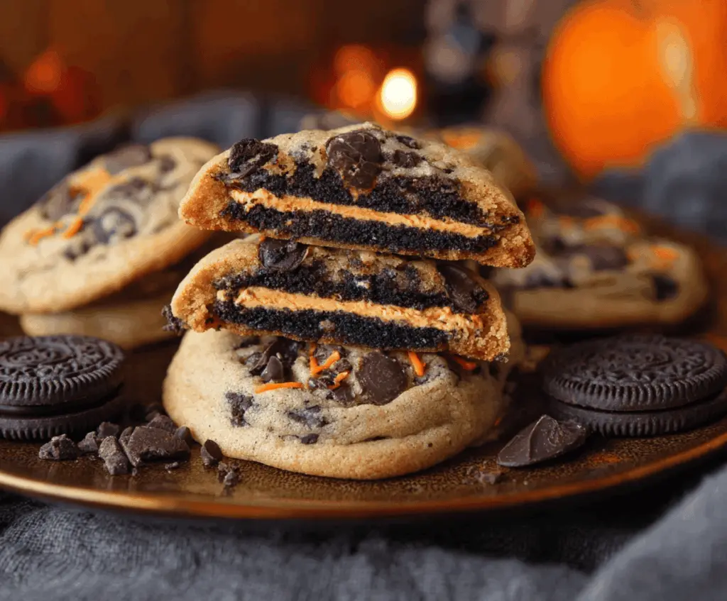 Delicious Halloween Oreo stuffed chocolate chip cookies topped with spooky Halloween-themed decorations, perfect for a festive treat