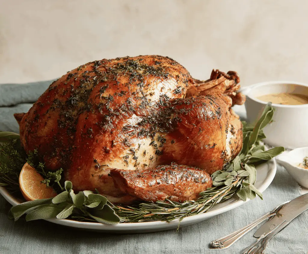Juicy Herb Butter Roasted Turkey garnished with fresh herbs on a serving platter