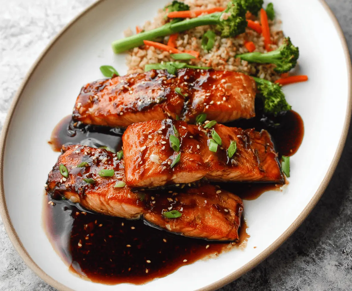 Delicious Honey Soy Sauce Glazed Salmon topped with sesame seeds and fresh herbs
