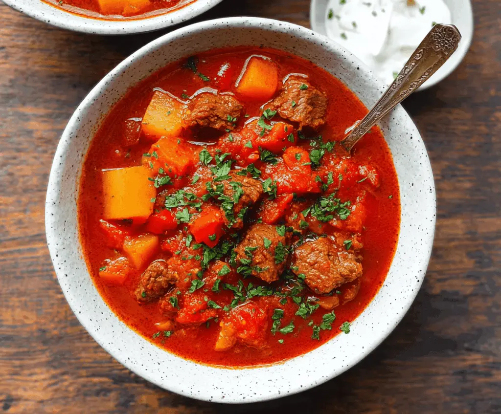 Hearty Hungarian Goulash in a rustic bowl with tender beef, paprika-spiced gravy, and fresh herbs, served with crusty bread