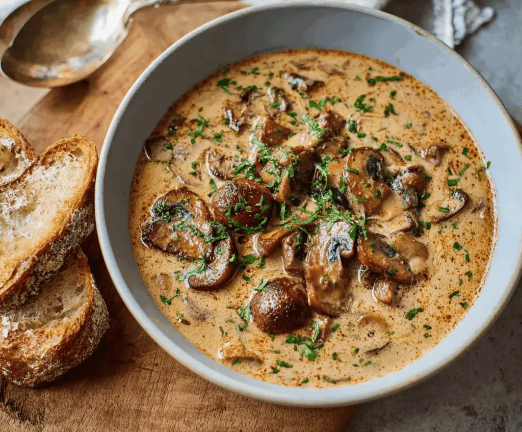Creamy Hungarian Mushroom Soup in a bowl garnished with fresh herbs, served with bread on a rustic table.