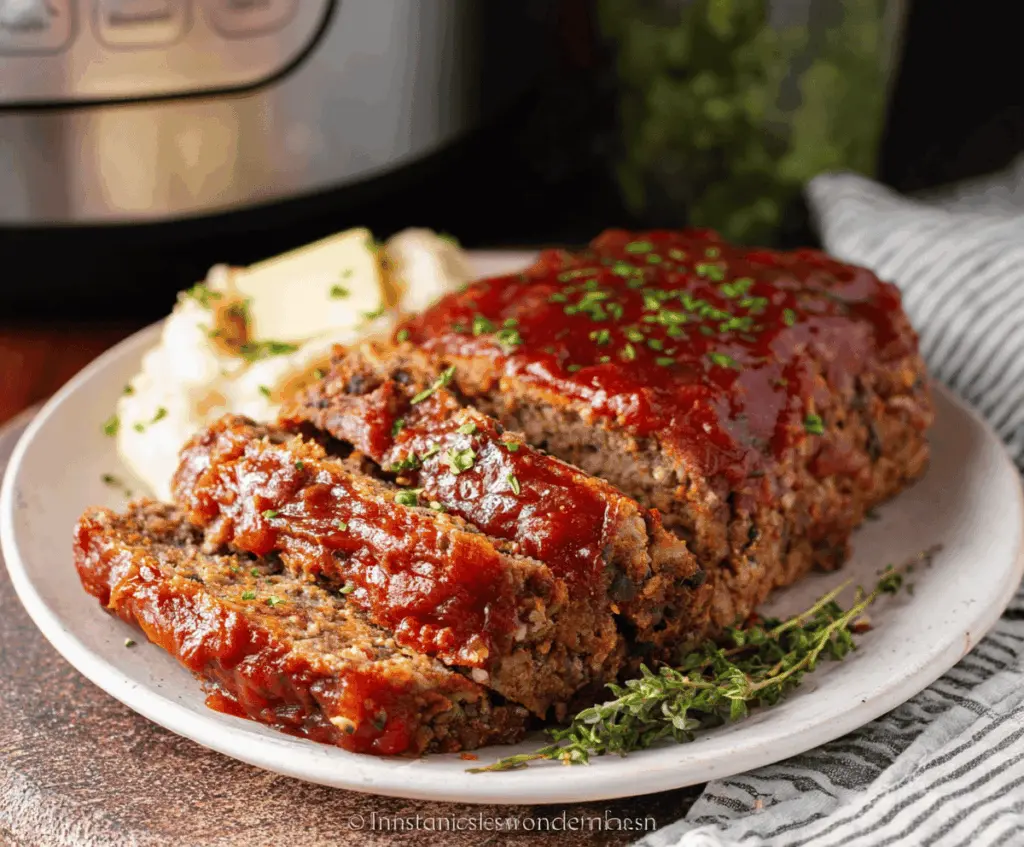 Delicious homemade Instant Pot meatloaf served on a plate with vegetables and mashed potatoes, ready to enjoy