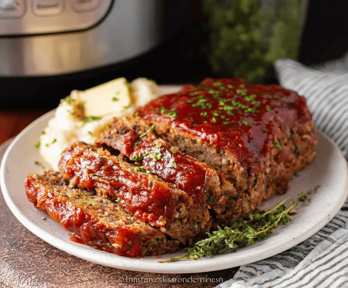Delicious homemade Instant Pot meatloaf served on a plate with vegetables and mashed potatoes, ready to enjoy