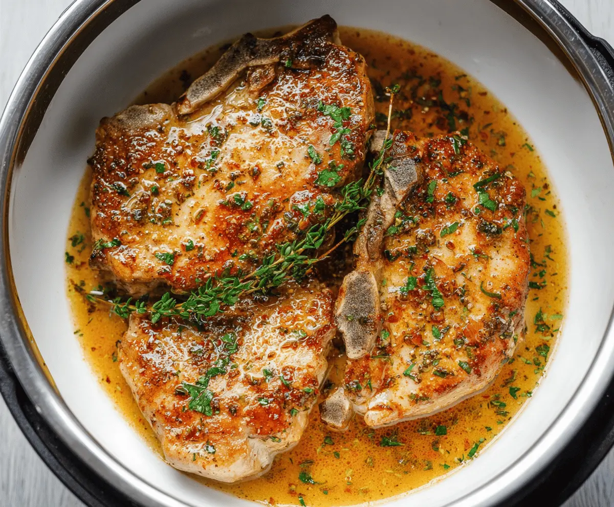Juicy Instant Pot pork chops garnished with herbs, cooked to perfection in a savory sauce