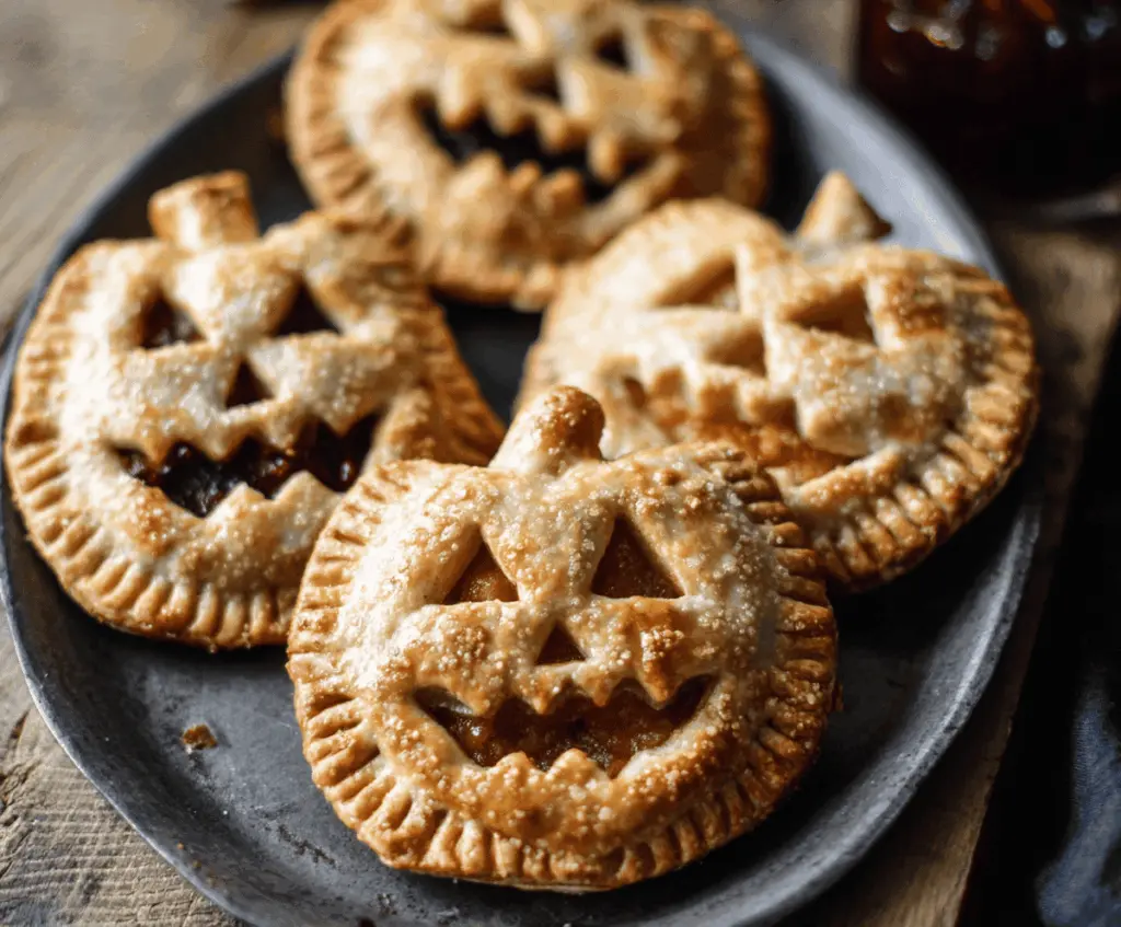 Delicious homemade Jack O Lantern Hand Pies with carved pumpkin face design, perfect for Halloween treats and festive parties