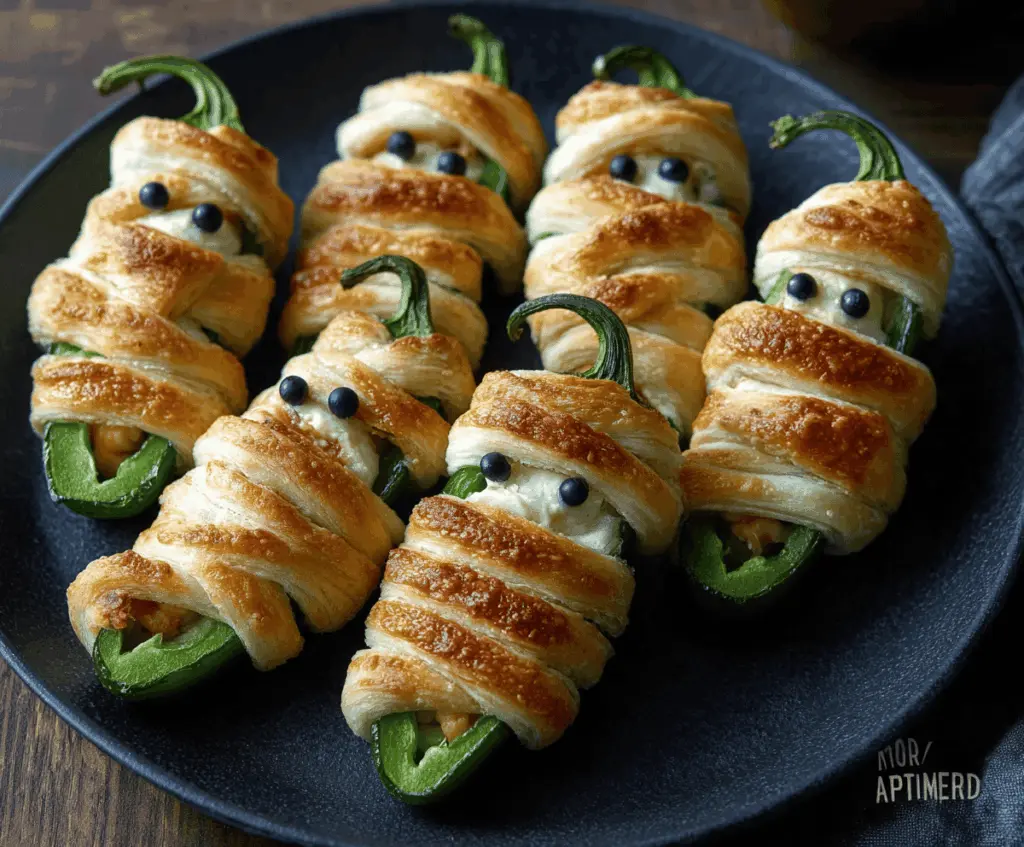 Delicious Jalapeño Popper Mummies served on a plate with crispy golden wrapping and melted cheese, perfect for spicy snack cravings
