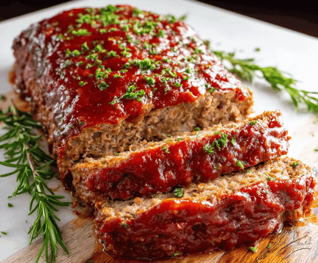 Delicious homemade keto meatloaf garnished with fresh herbs and vegetables.