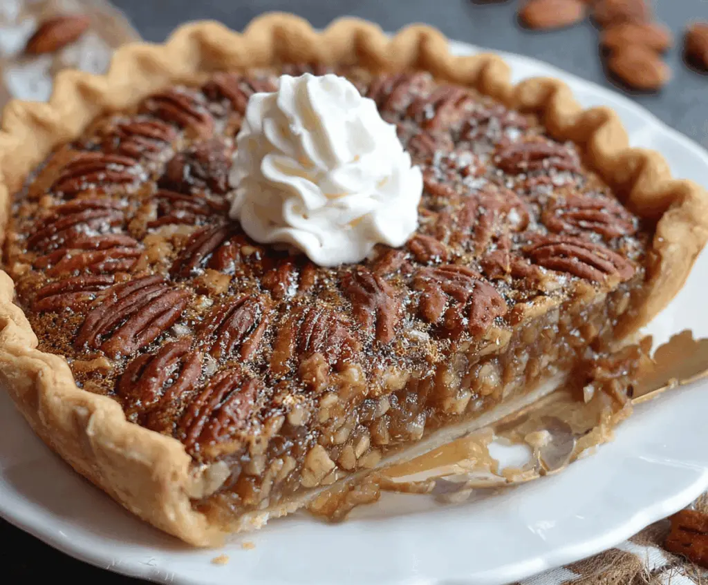 Delicious homemade Maple Pecan Pie topped with toasted pecans and a golden crust, perfect for dessert or holiday gatherings.