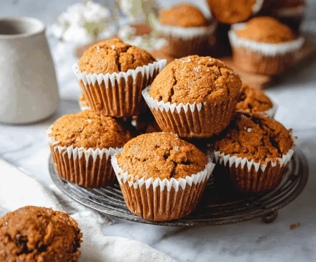 Delicious homemade Maple Spice Pumpkin Muffins topped with cinnamon and walnuts on a rustic baking tray