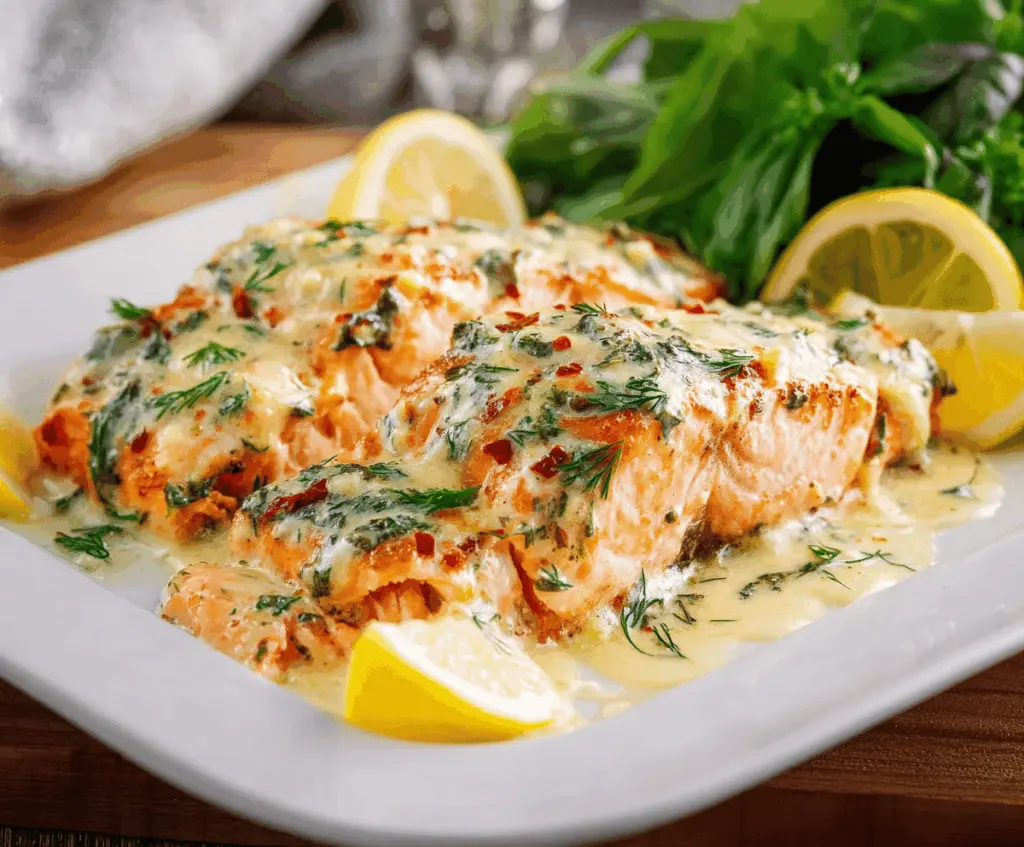 Creamy herb salmon fillet topped with fresh herbs and served with rich garlic butter sauce, perfect for a romantic dinner