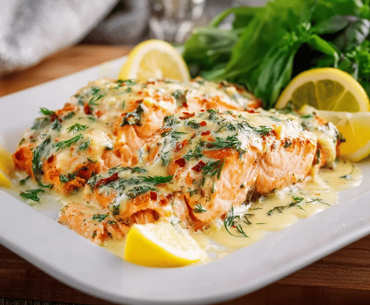 Creamy herb salmon fillet topped with fresh herbs and served with rich garlic butter sauce, perfect for a romantic dinner