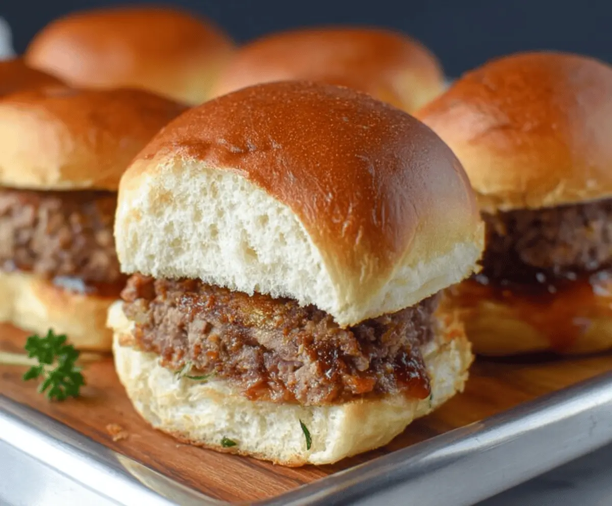 Delicious meatloaf sliders with melted cheese and fresh toppings on mini buns, perfect for parties and gatherings