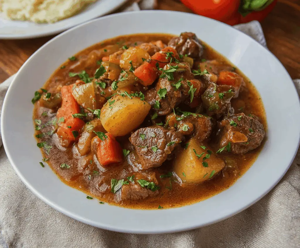 Hearty Mississippi Beef Stew with tender beef chunks, vegetables, and flavorful broth in a rustic bowl.