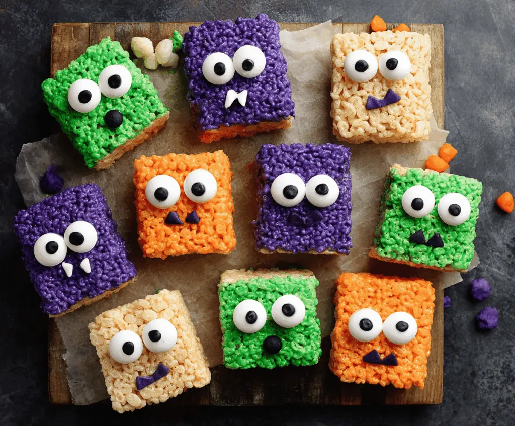 Colorful Monster Rice Krispie Treats topped with candy eyes and vibrant decorations, perfect for Halloween parties