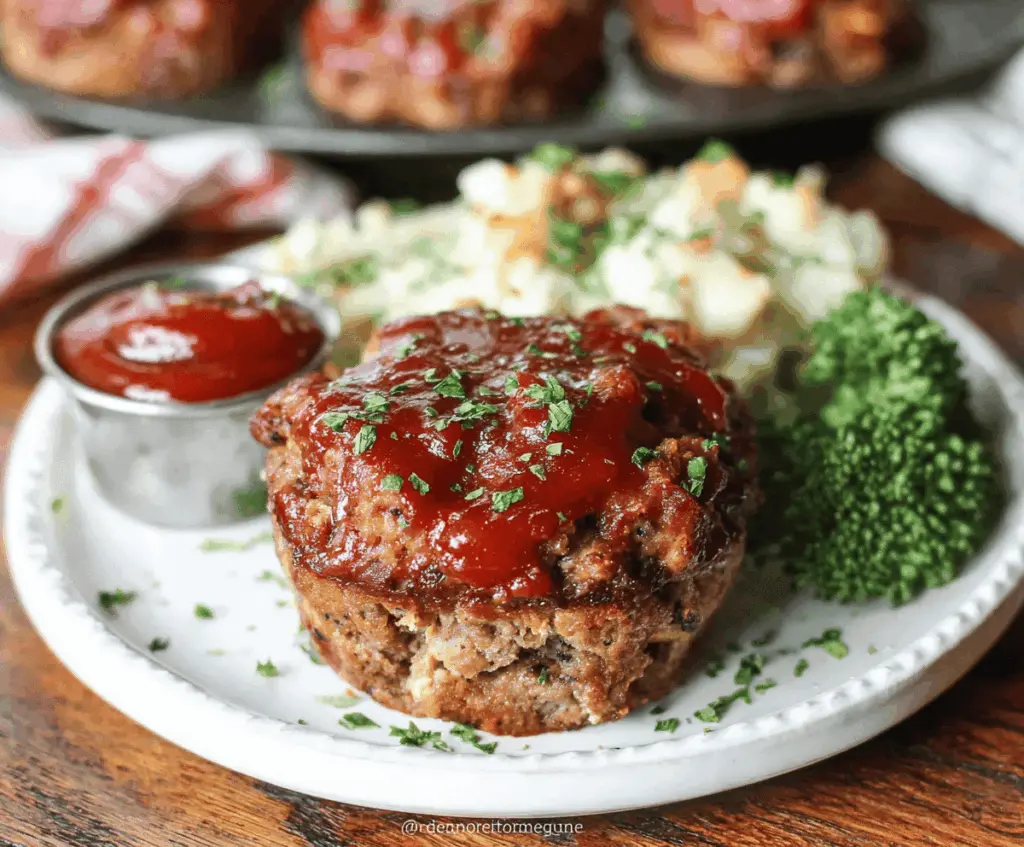 Mini muffin tin meatloaf baked in individual portions, topped with ketchup and herbs, ready to serve as a delicious and easy family-friendly dinner