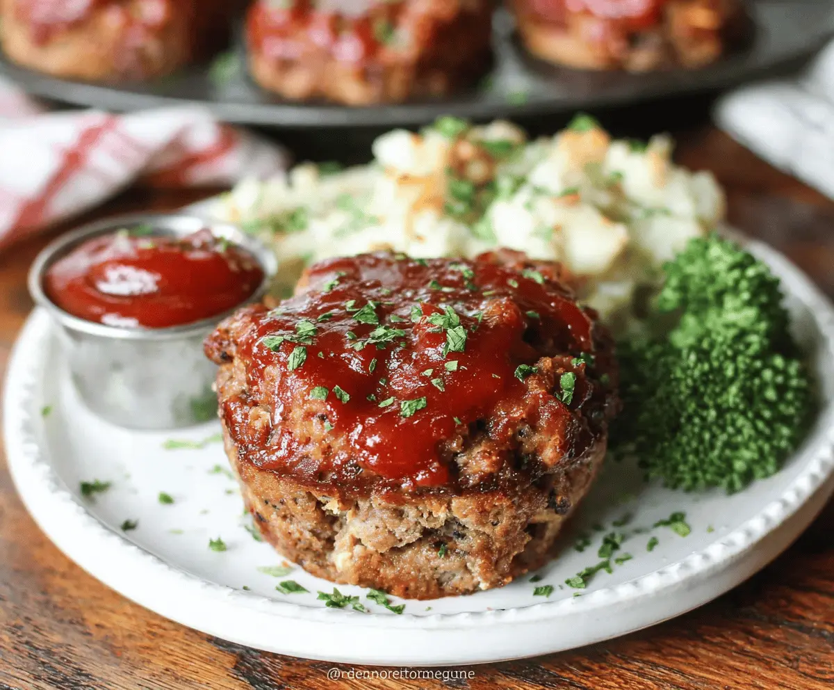 Mini muffin tin meatloaf baked in individual portions, topped with ketchup and herbs, ready to serve as a delicious and easy family-friendly dinner