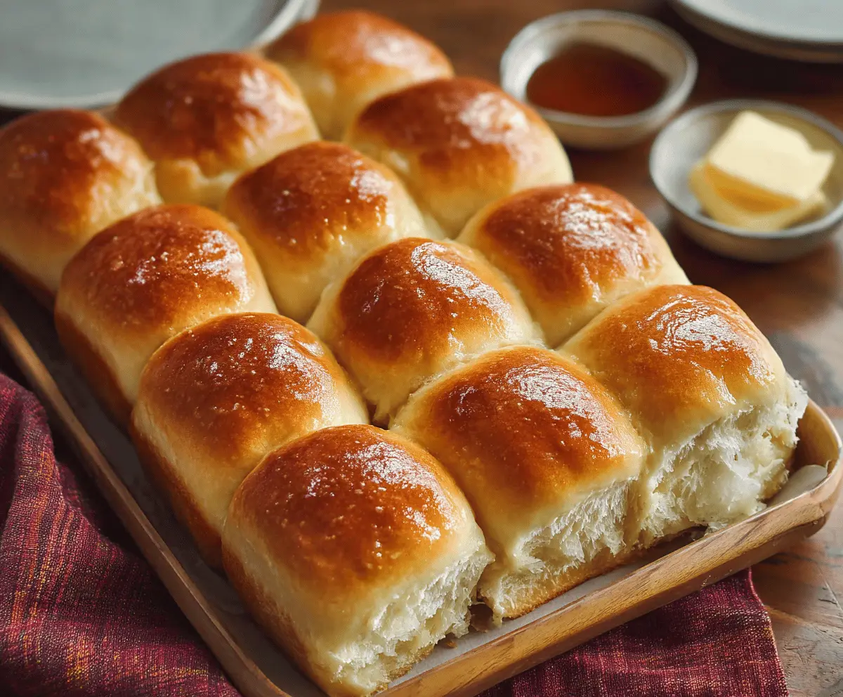 Golden Parker House dinner rolls fresh out of the oven, soft and fluffy with a shiny glaze.
