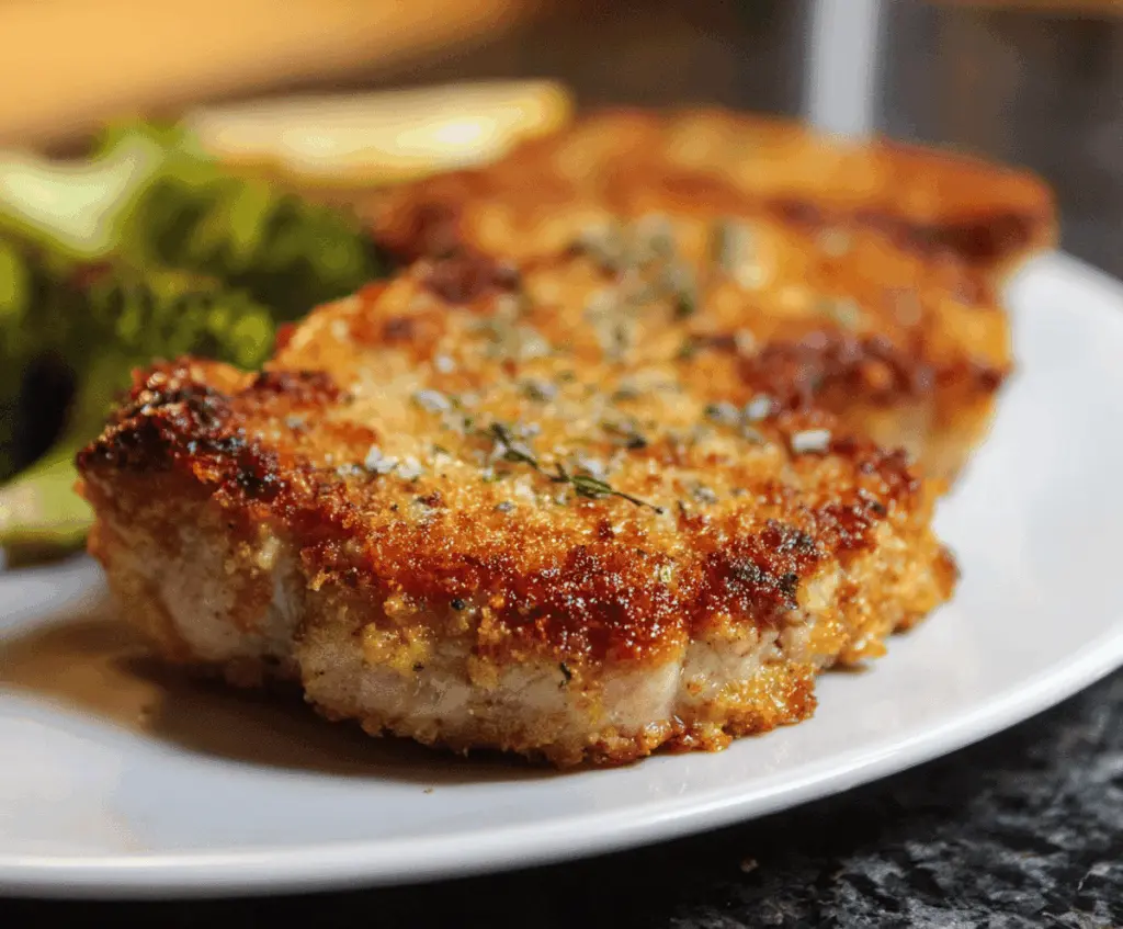 Golden Parmesan Crusted Pork Chops garnished with fresh herbs on a white plate, perfect for a flavorful dinner recipe.