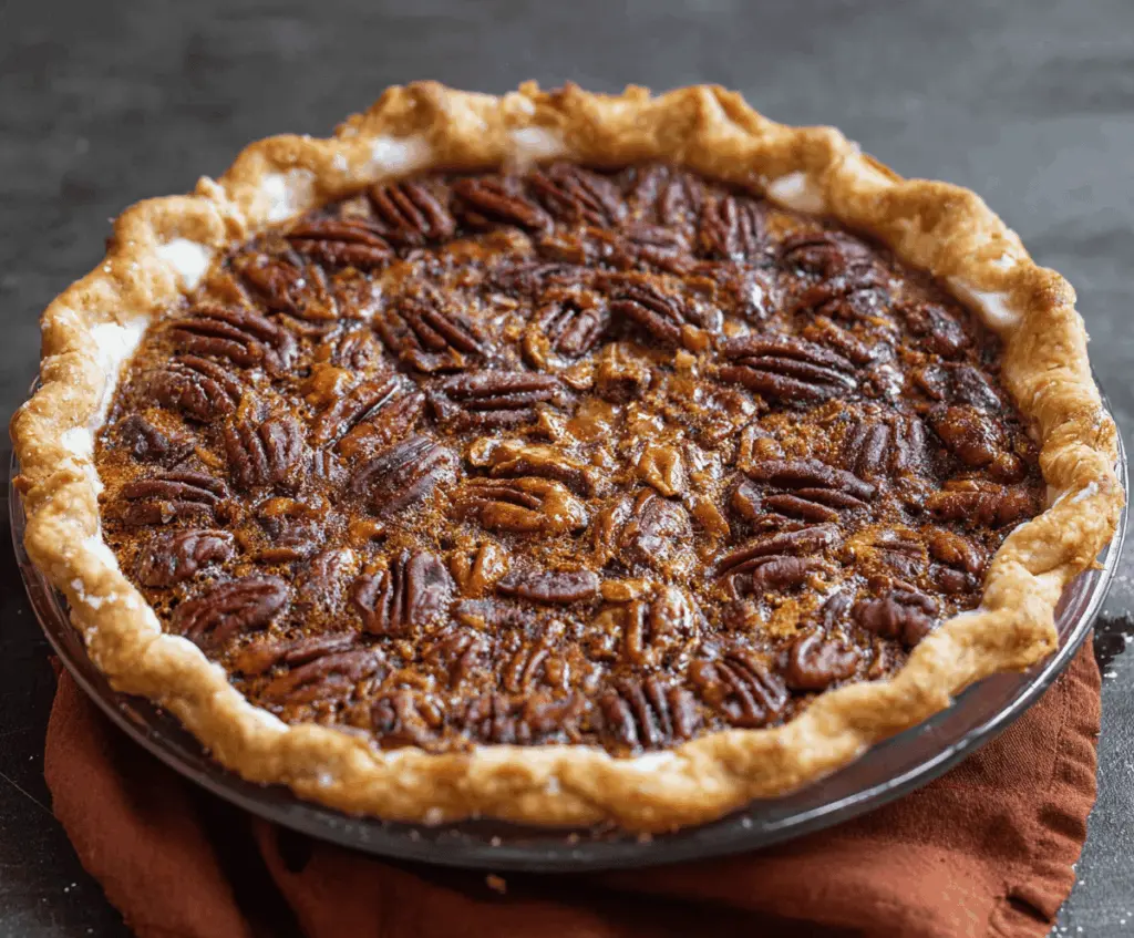 Delicious homemade pecan pie with a golden crust and sweet nut filling.