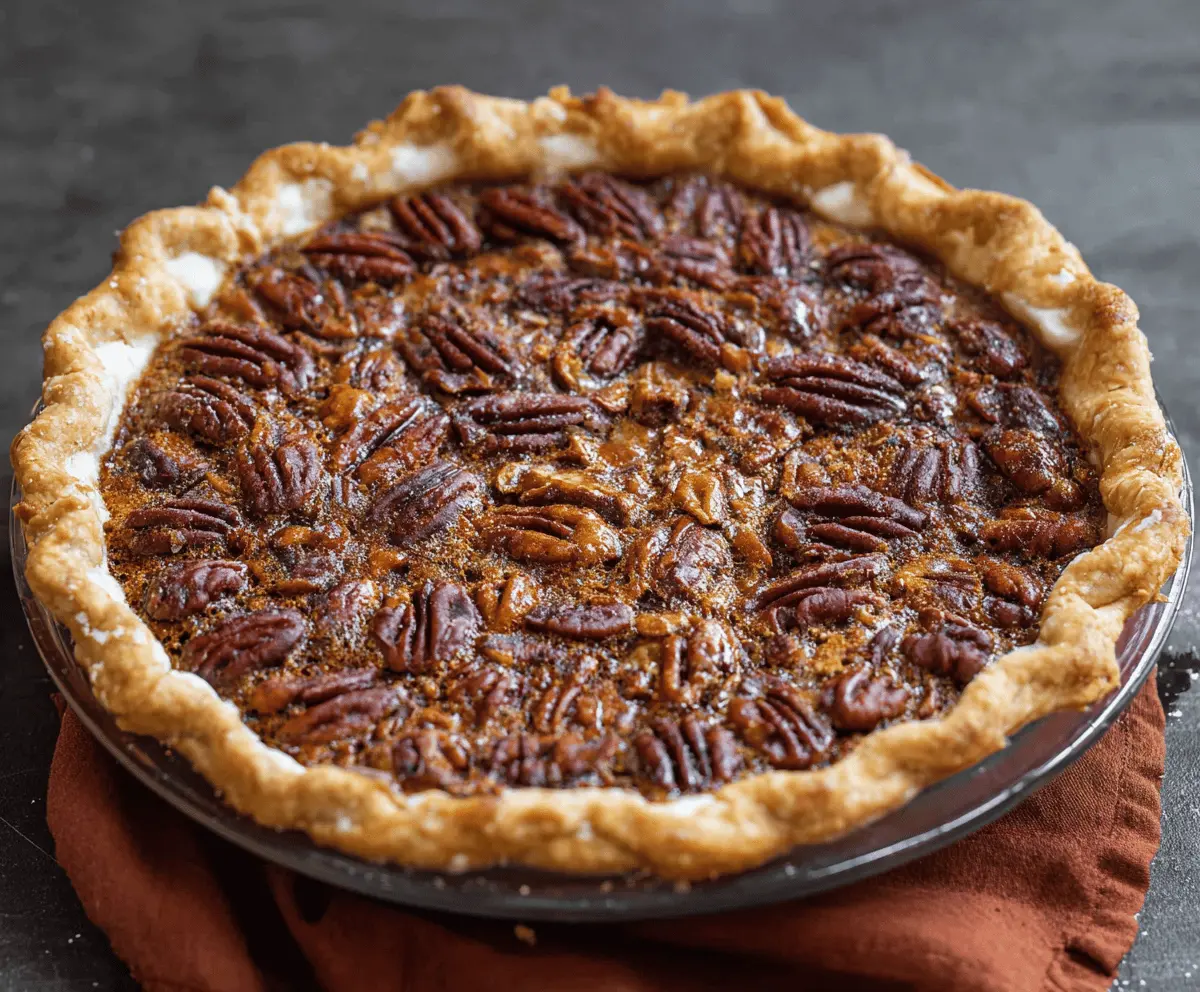 Delicious homemade pecan pie with a golden crust and sweet nut filling.