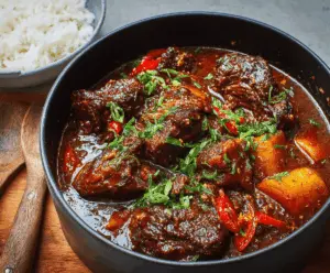Hearty Pepper Pot Beef Stew with tender beef chunks, colorful vegetables, and aromatic herbs in a savory broth