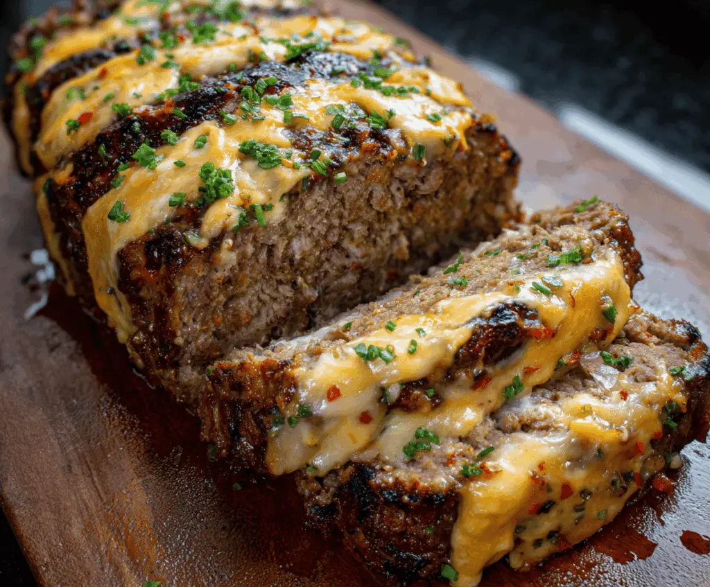 Delicious Philly Cheesesteak Meatloaf garnished with melted cheese and fresh herbs for a hearty meal.