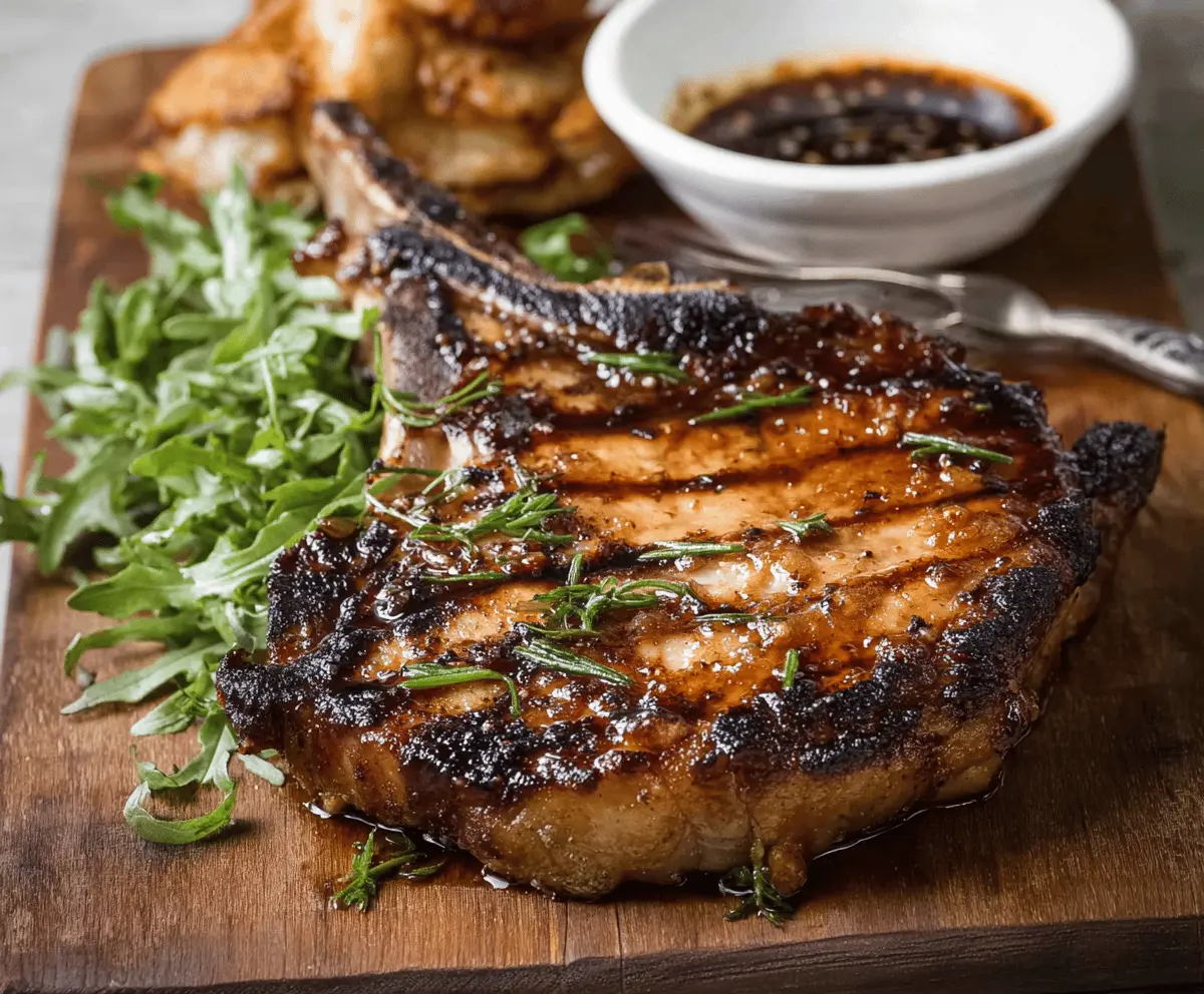 Juicy pork chop marinated in flavorful herb and spice mixture, ready to be cooked to perfection.