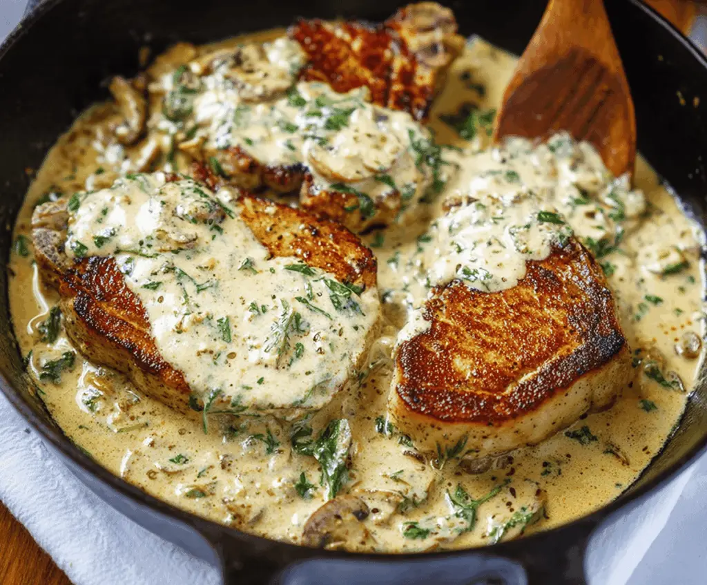 Juicy pork chops topped with rich creamy garlic sauce served on a plate with fresh herbs