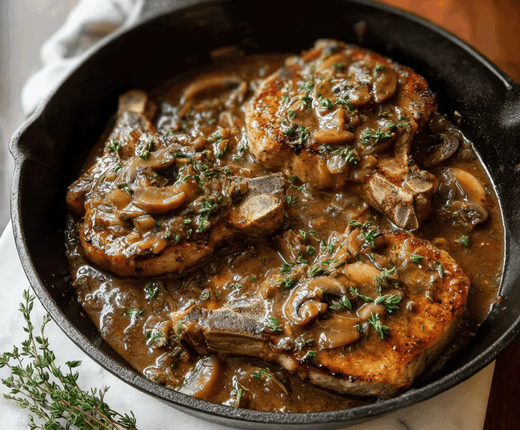 Juicy pork chops topped with rich pan gravy served on a plate with fresh vegetables