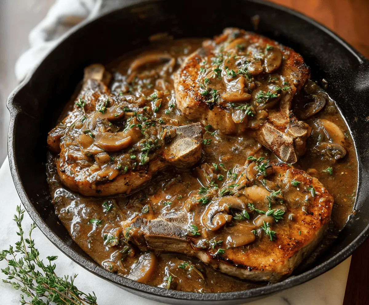 Juicy pork chops topped with rich pan gravy served on a plate with fresh vegetables