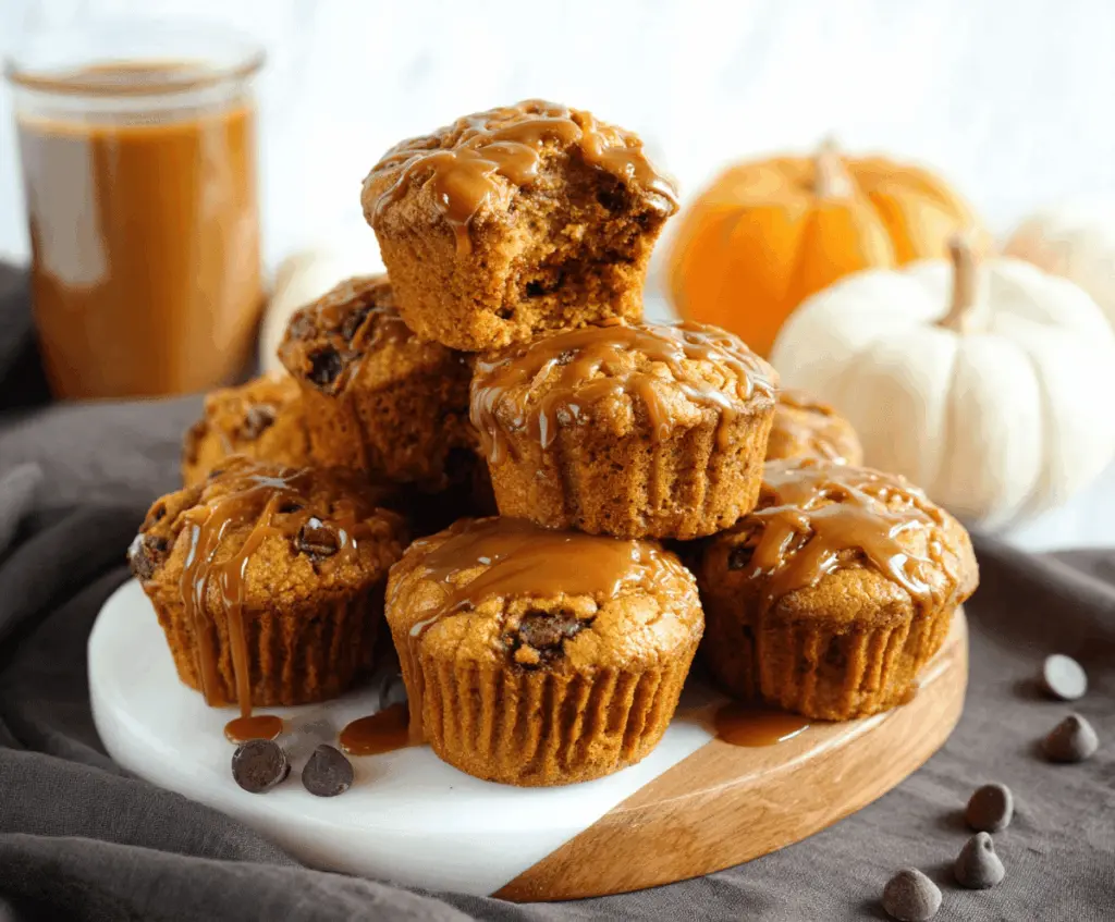 Delicious homemade pumpkin caramel muffins topped with caramel drizzle and spices, perfect for fall baking