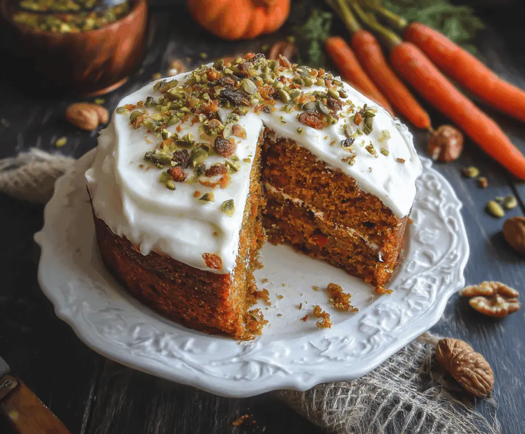 Delicious homemade pumpkin carrot cake topped with cream cheese frosting and garnished with chopped nuts and orange zest, perfect for fall celebrations.