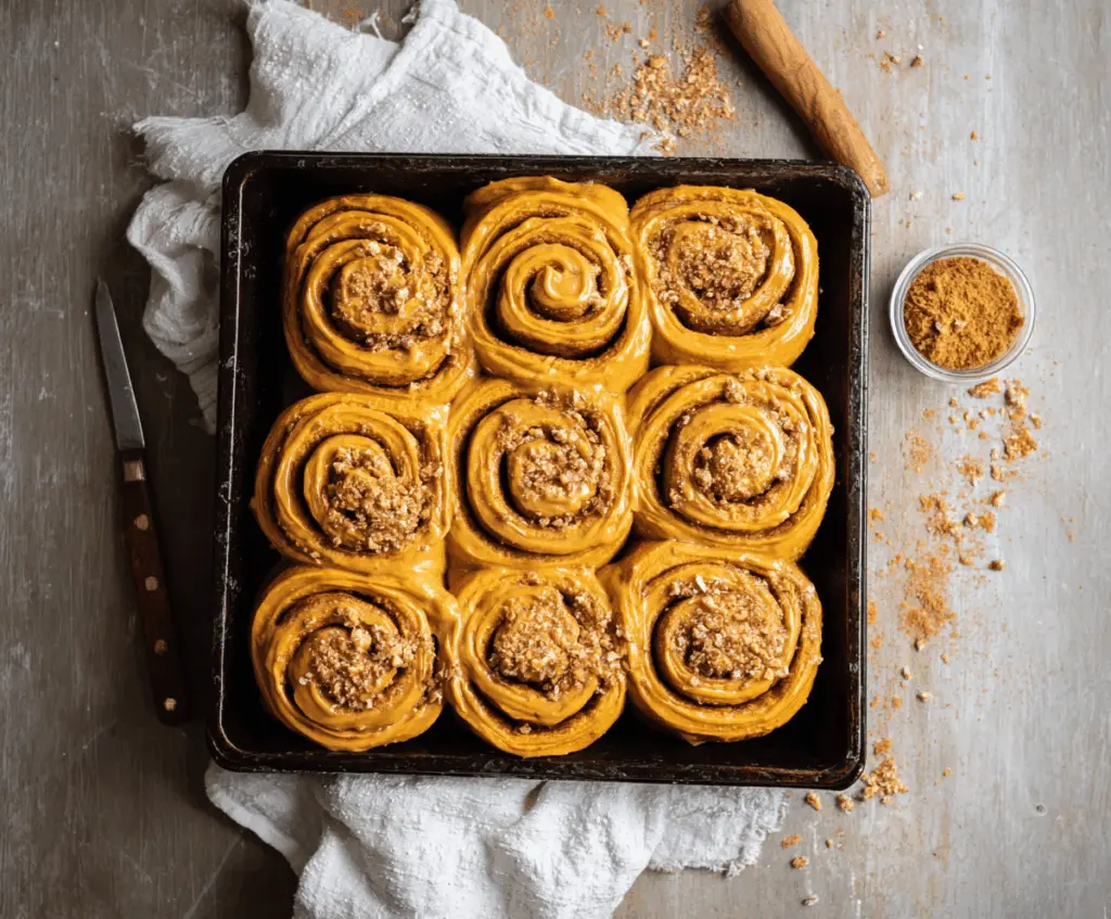 Delicious pumpkin cinnamon rolls topped with creamy coffee maple frosting on a rustic wooden table, perfect for fall mornings.