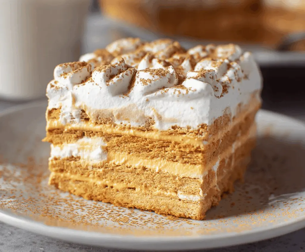 Delicious Pumpkin Icebox Cake topped with whipped cream and sprinkles, perfect for fall desserts.