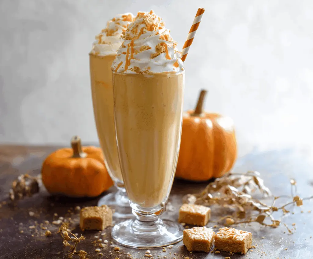 Creamy pumpkin milkshake topped with whipped cream and a cinnamon sprinkle, perfect for fall dessert.