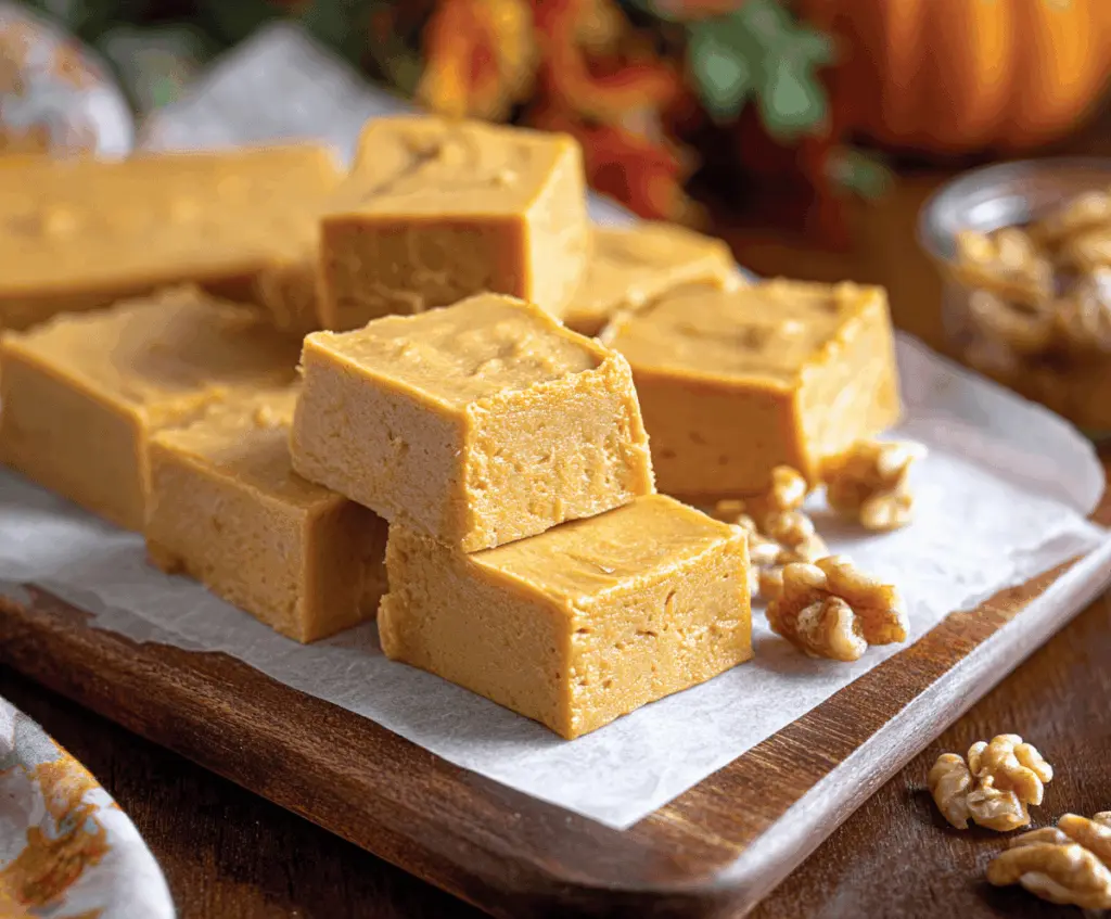 Creamy pumpkin pie fudge topped with whipped cream and cinnamon, perfect for fall desserts.