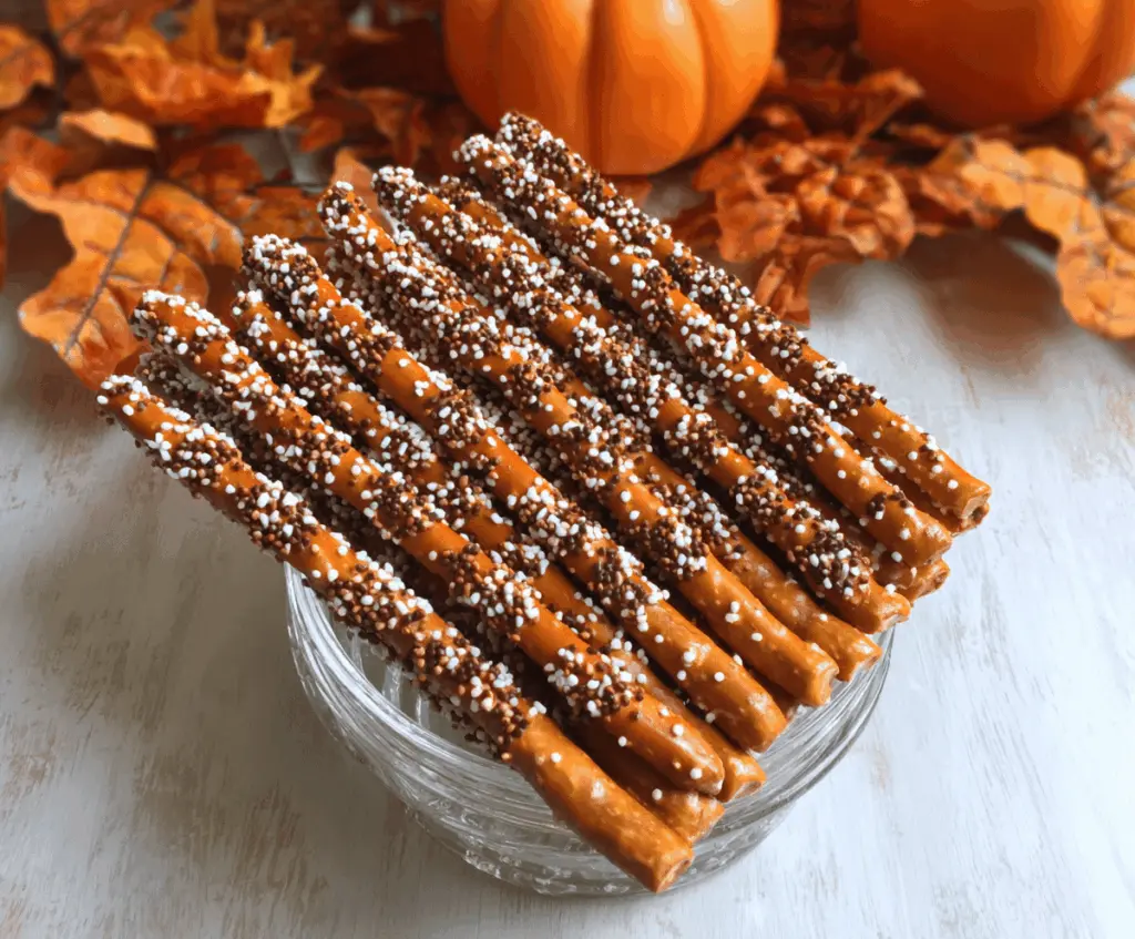 Delicious homemade pumpkin-shaped pretzel rods coated in orange icing with green sprinkles, perfect for fall treats and Halloween parties.