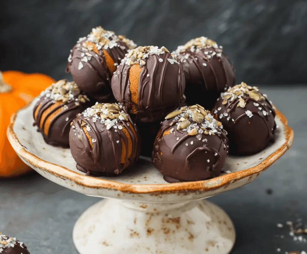 Creamy Pumpkin Protein Truffles garnished with chopped nuts on a rustic wooden surface, perfect for a healthy snack