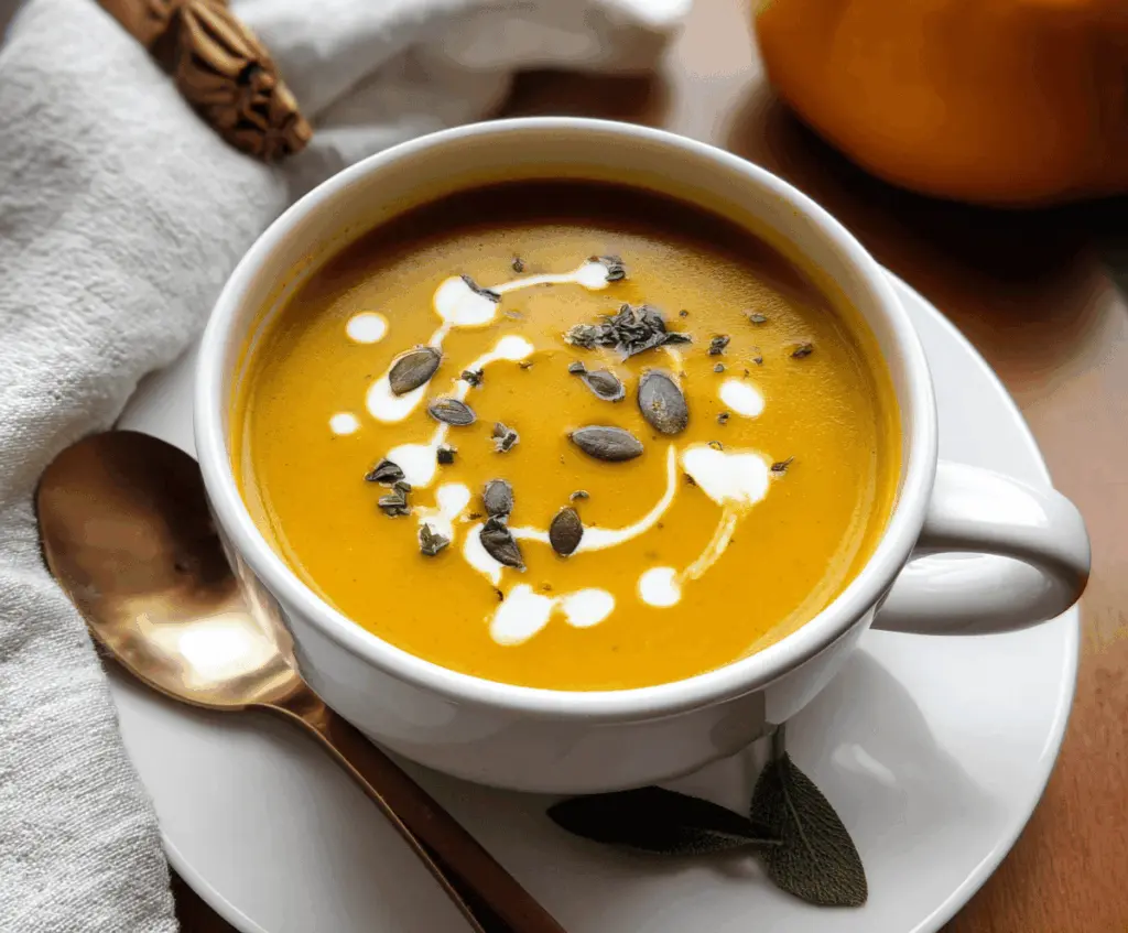 Creamy pumpkin soup garnished with fresh herbs in a rustic bowl, perfect for fall comfort meals.