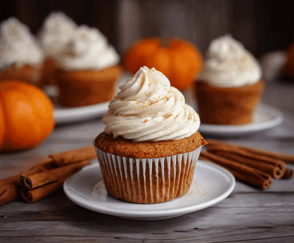Delicious pumpkin spice cupcakes topped with cream cheese frosting and sprinkled with cinnamon, perfect for fall desserts