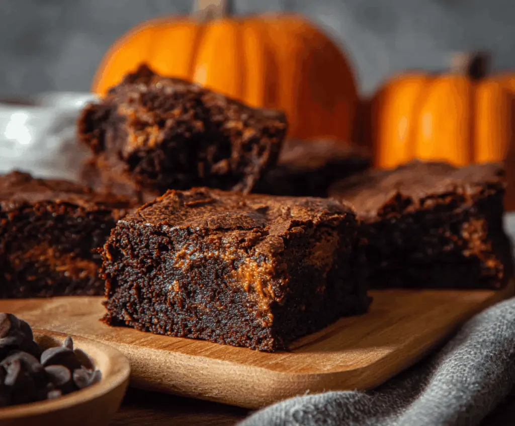Delicious homemade pumpkin spiced brownies topped with a sprinkle of cinnamon and a dollop of whipped cream, perfect for fall dessert.
