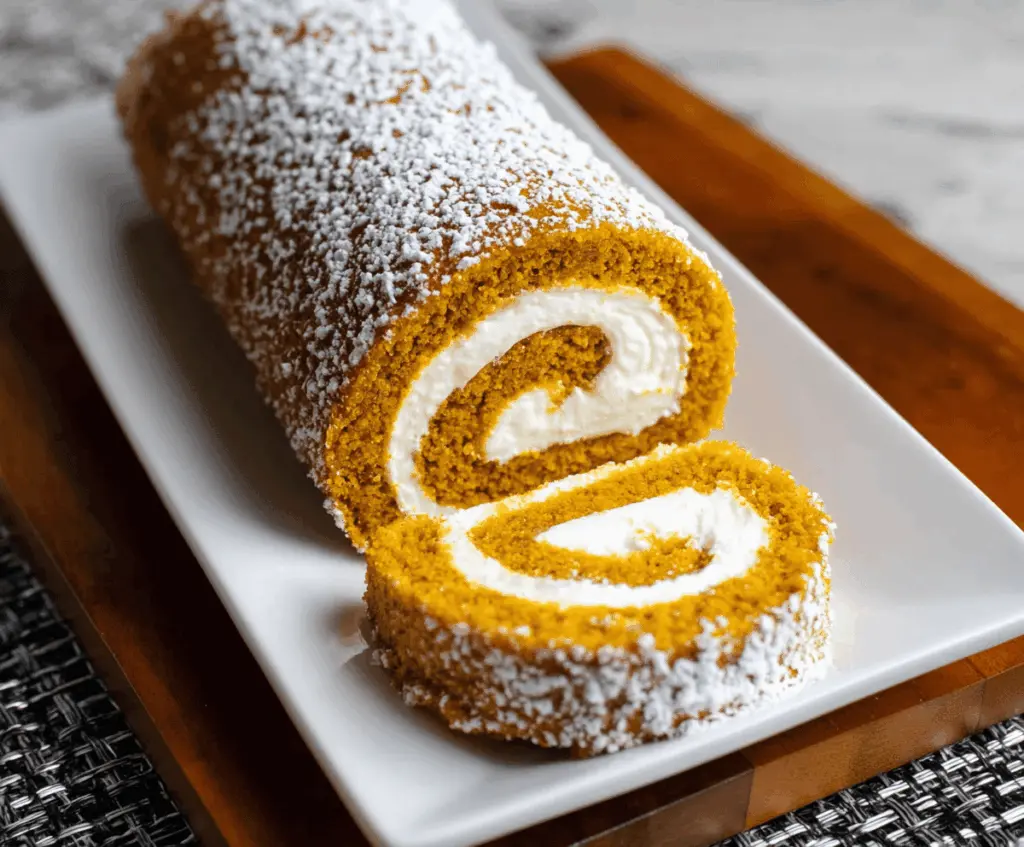 Delicious pumpkin Swiss roll with creamy filling and festive autumn flavors, perfect for fall desserts.